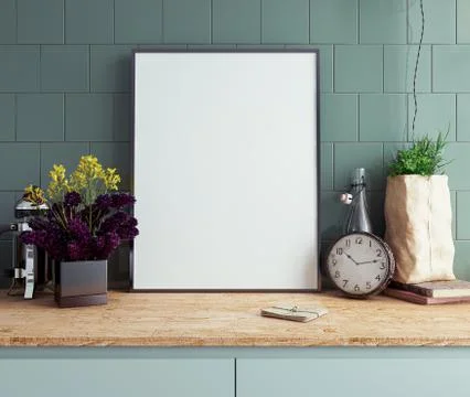 Mock up poster frame in kitchen interior background close-up, 3d render Stock Illustration