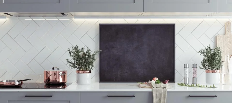 Mock up poster frame in kitchen interior, Scandinavian style, panoramic backgrou Stock Illustration