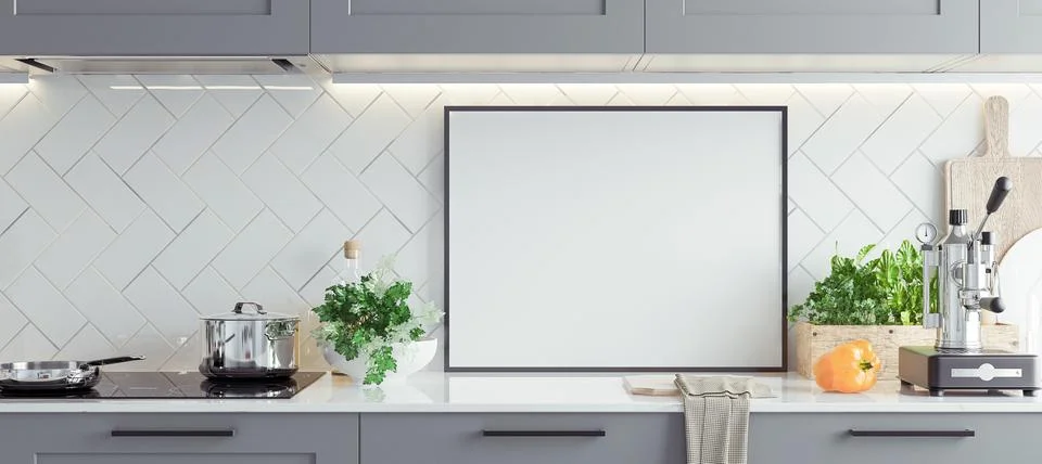 Mock up poster frame in kitchen interior, Scandinavian style, panoramic backgrou Stock Illustration