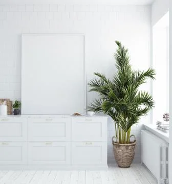 Mock up poster frame in kitchen interior, Scandinavian style, 3d render Stock Illustration