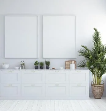 Mock up poster frame in kitchen interior, Scandinavian style, 3d render Stock Illustration