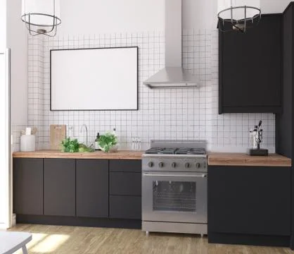 Mock up poster frame in kitchen interior, Scandinavian style, 3d render Stock Illustration