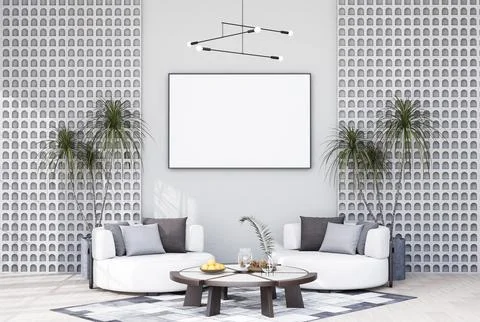 Mock up poster frame in modern interior fully furnished rooms background, l.. Stock Illustration