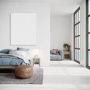 Mock up poster frame in modern interior background, bedroom, Boho - Scandinav Stock Photos