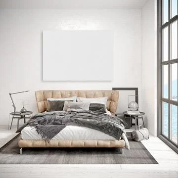 Mock up poster frame in modern interior background, bedroom, Boho - Scandinav Stock Photos