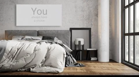 Mock up poster frame in modern interior background, bedroom, Boho - Scandinav Stock Photos