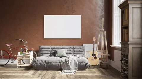 Mock up poster frame in modern interior background, living room, Boho - Scand Stock Photos