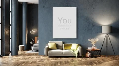 Mock up poster frame in modern interior background, living room, Boho - Scand Stock Photos
