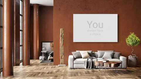 Mock up poster frame in modern interior background, living room, Boho - Scand Stock Photos