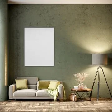 Mock up poster frame in modern interior background, living room, Boho - Scand Stock Photos