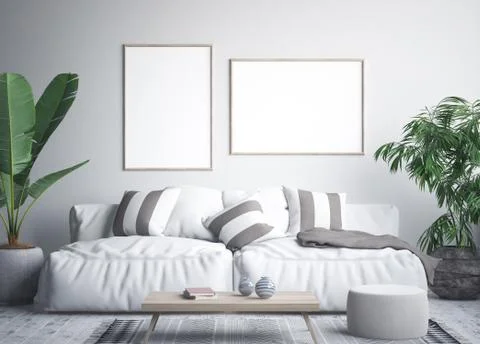 Mock up poster frame in tropical interior background, 3D render Stock Illustration