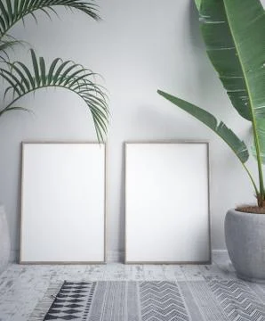 Mock up poster frame in tropical interior background, 3D render Stock Illustration