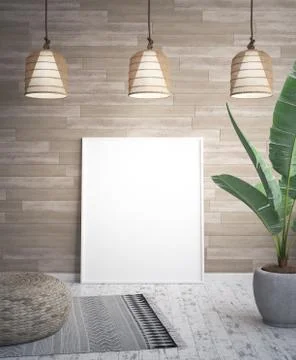 Mock up poster frame in tropical interior background, 3D render Stock Illustration