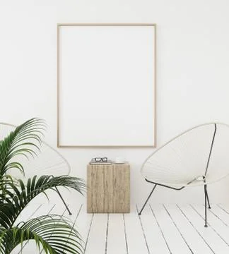 Mock-up poster frame on wall with minimal decor, Scandinavian style, 3d render Stock Illustration