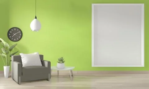 Mock up poster frame on wall, Sofa white and decoration plants on light green Stock Illustration