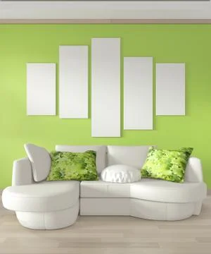 Mock up poster frame on wall, Sofa white and decoration plants on light green Stock Illustration