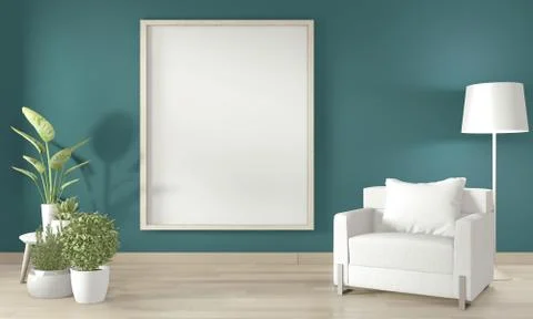 Mock up poster frame on wall, Sofa white and decoration plants on dark green  Stock Illustration