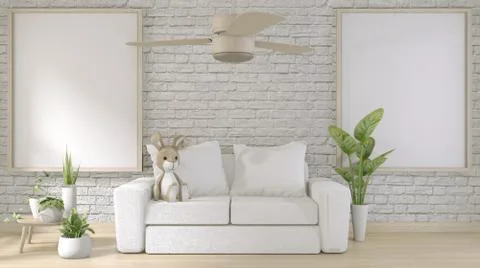 Mock up poster frame on white brick wall room floor wooden with white sofa an Stock Illustration