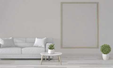 Mock up poster frame on white wall with white sofa on modern room interior.3D Stock Illustration