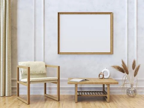 Mock up poster frames with armchair and curtain in modern interior Stock Illustration