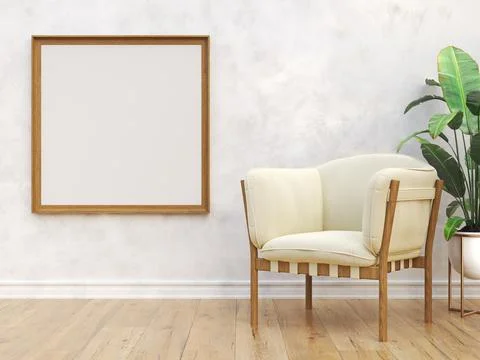 Mock up poster frames with armchair and big plant in modern interior Illustrazione stock
