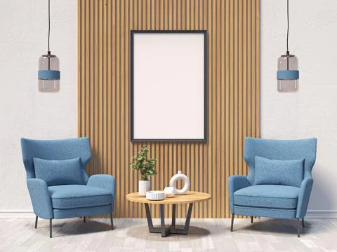 Mock up poster frames with blue armchairs and wooden wall panel Stock Illustration