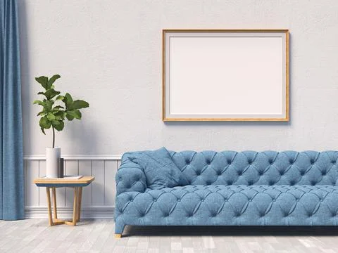 Mock up poster frames with blue sofa and curtain Illustrazione stock