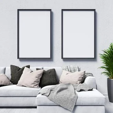 Mock up poster frames with corner sofa and pillows Stock Illustration