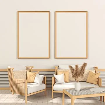 Mock up poster frames with dried plant and wooden armchair and sofa Stock Illustration
