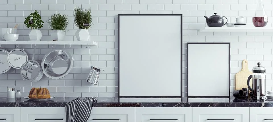 Mock up poster frames in kitchen interior, panoramic background, 3d render Stock Illustration