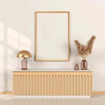 Mock up poster frames with lamp and dried flowers in modern interior Illustrazione stock