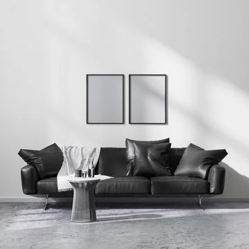 Mock up poster frames in modern minimalistic style living room interior with  Illustrazione stock