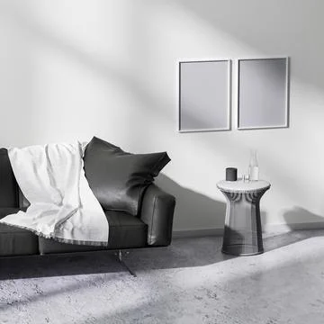 Mock up poster frames in modern minimalistic style living room interior, 3d r Illustrazione stock