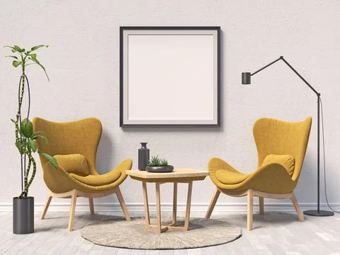 Mock up poster frames with two brown armchairs in modern interior background  Stock Illustration