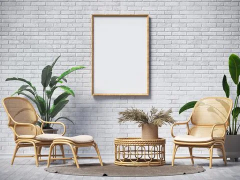 Mock up poster frames with two rattan armchairs Illustrazione stock