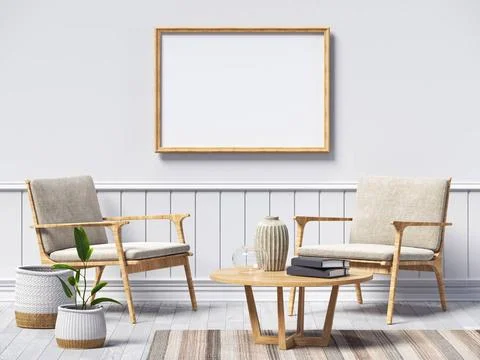 Mock up poster frames with two simple armchair Mock up poster frames with ... Stock Photos