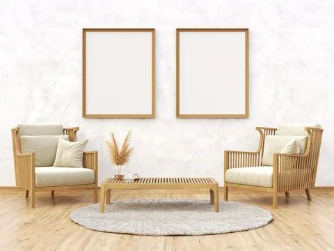 Mock up poster frames with two wooden armchairs in modern interior background Stock Illustration