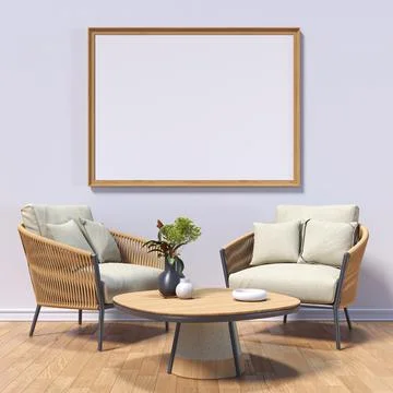 Mock up poster frames with two wooden armchairs  in modern interior Stock Illustration
