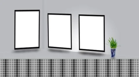 Mock up poster frames on wall above the table with a green colored flower vase Ilustração Stock