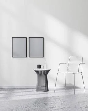 Mock up poster frames on white wall in modern minimalistic room interior w... Stock Photos
