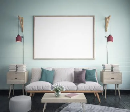 Mock up poster in hipster interior background, 3D render Stock Illustration