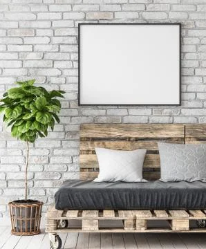 Mock-up poster in hipster interior background, 3d render Stock Illustration