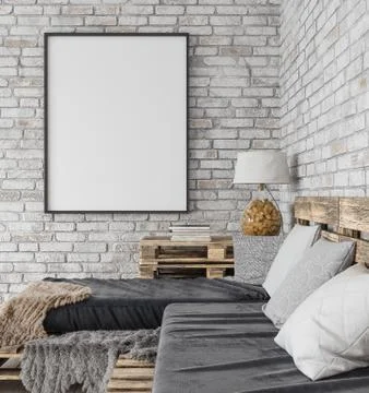 Mock-up poster in hipster interior background, 3d render Stock Illustration