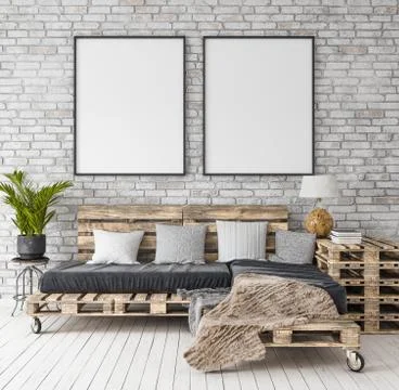 Mock-up poster in hipster interior background, 3d render Stock Illustration