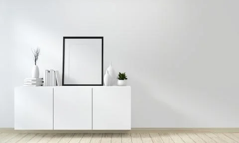 Mock up poster idea of cabinet white on wall and floor wooden room modern zen Stock Illustration