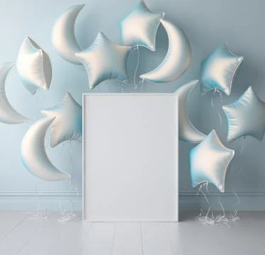 Mock up poster in interior background with pastel balloons, 3d render Stock Illustration