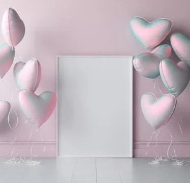 Mock up poster in interior background with pastel balloons, 3d render Stock Illustration
