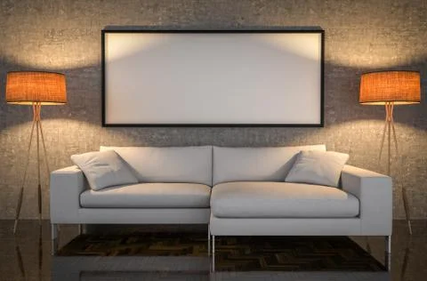 Mock up poster, leather sofa, concrete wall background, 3d illustration Stock Illustration
