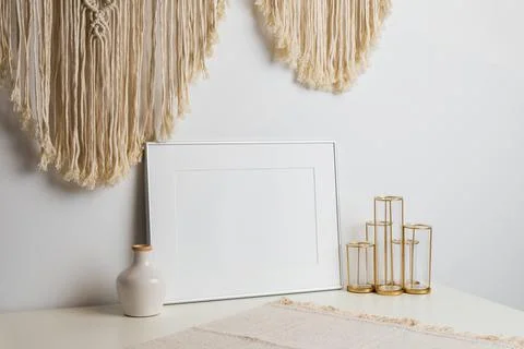 Mock up poster. Minimal template with empty picture frame mock up. White back Stock Photos