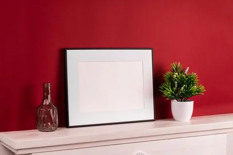 Mock up poster. Minimal template with empty picture frame mock up. Red Stock Photos